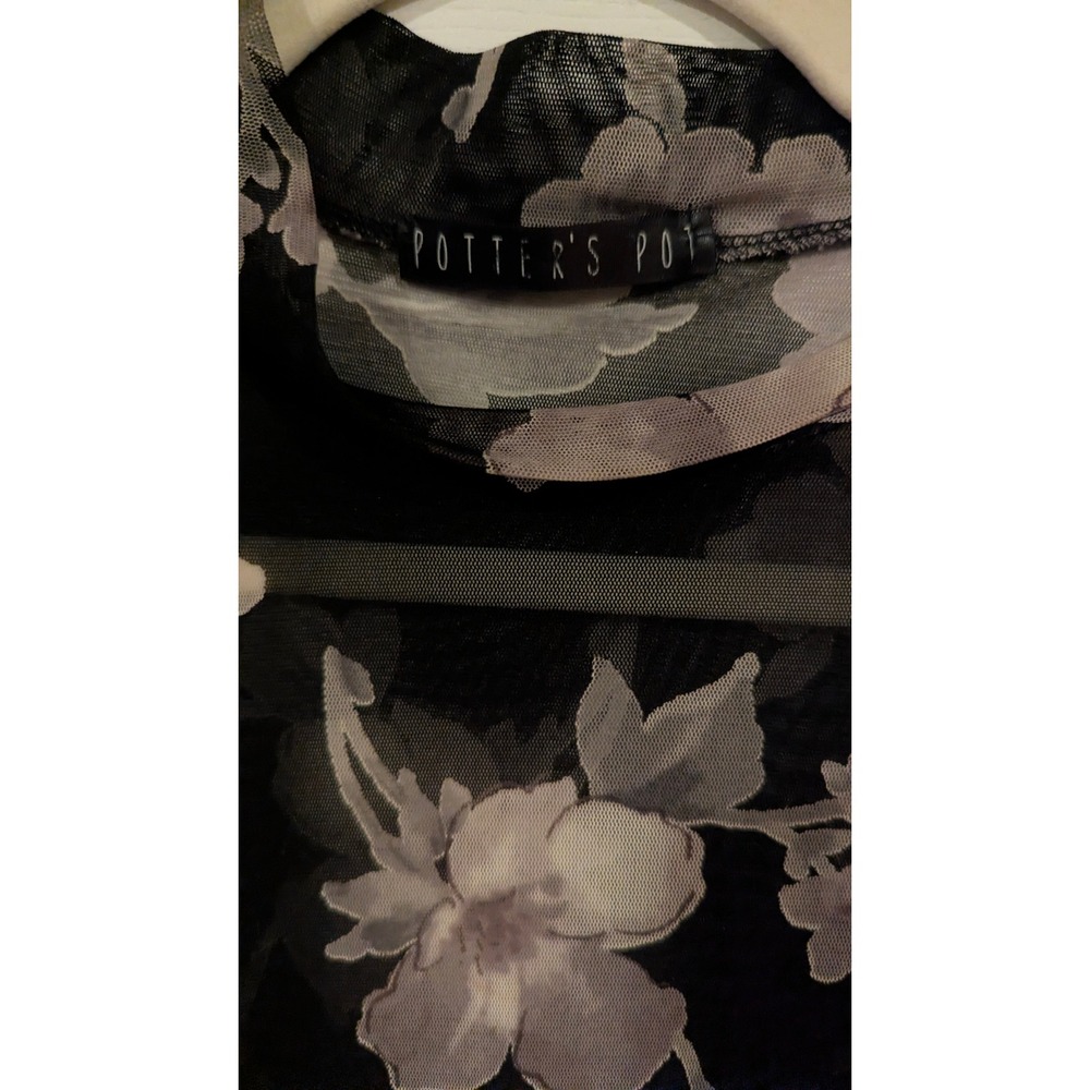 Potter's Pot Black Floral Mini Dress with Dusty Pink Flowers 90s Y2K - Picture 6 of 6